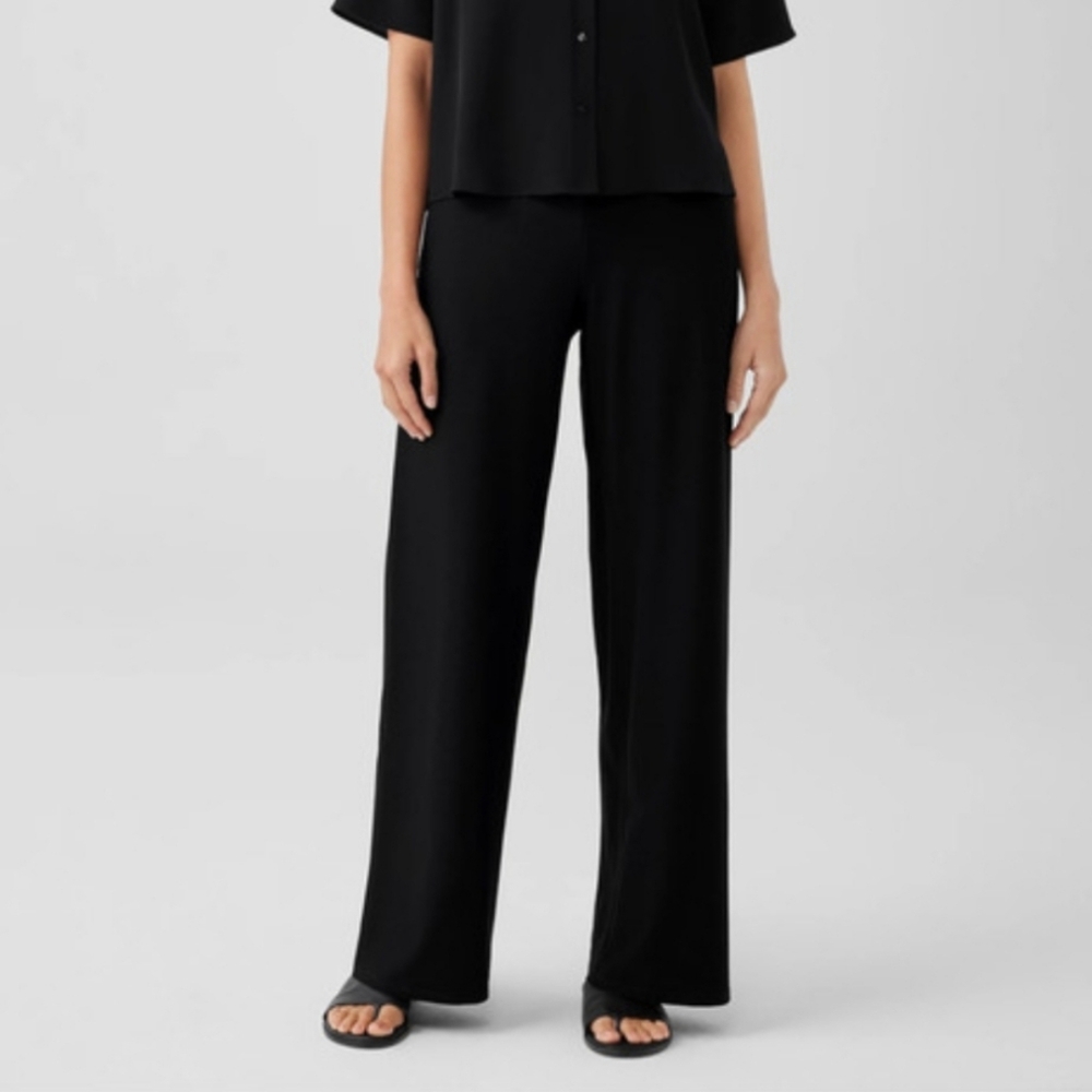 Eileen Fisher Black Wide Leg Trousers Dress Pants‎ Size 10 Zipper Tab Polyester
